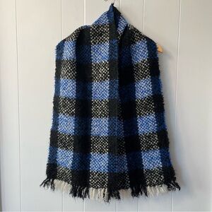 Vintage Jaeger Mohair Wool Knit Scarf Blue Black Fringe Great Britain Fuzzy Vtg